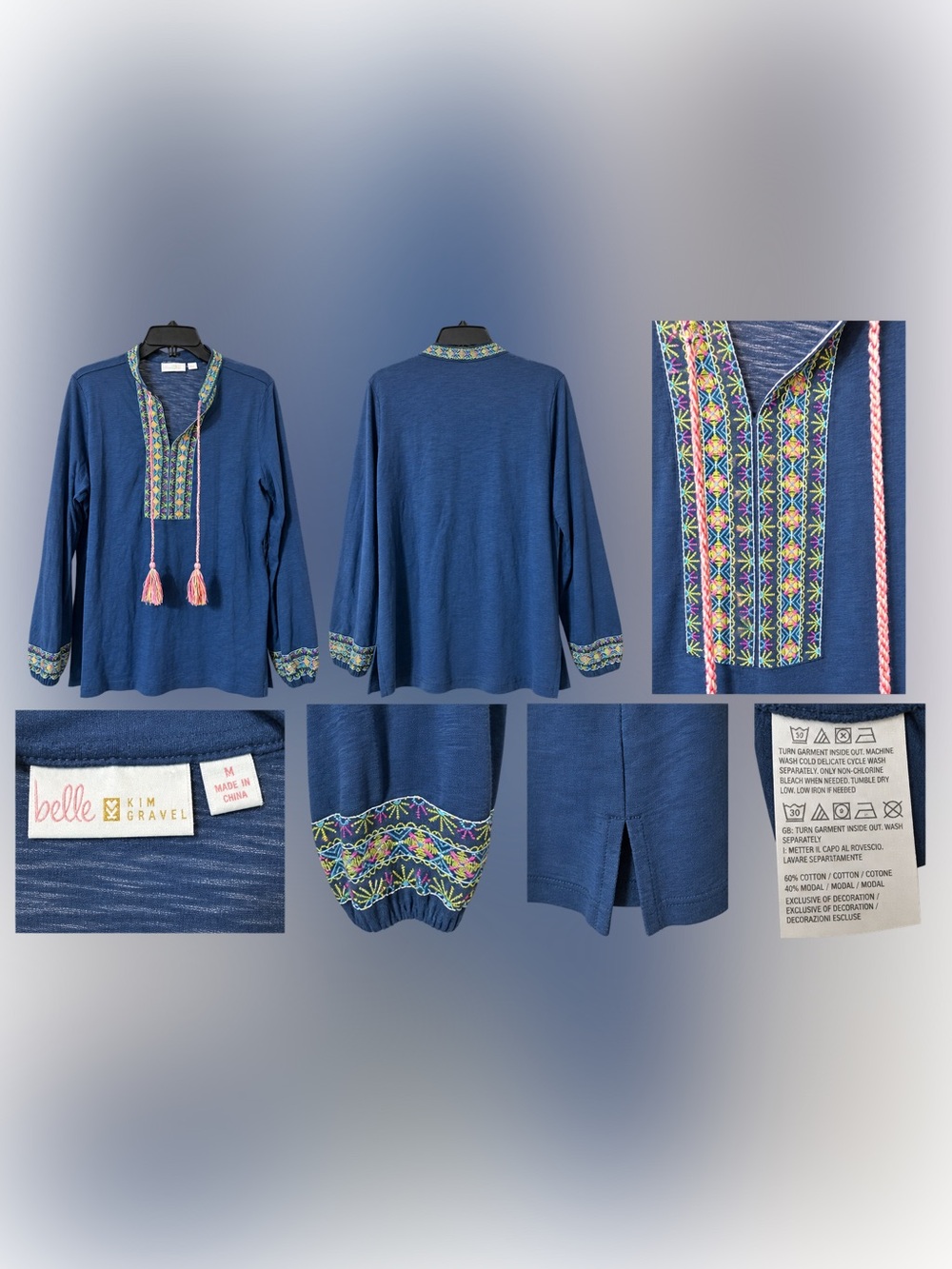 Belle by Kim Gravel Navy Long-Sleeve Top with Multicolor Embroidery
